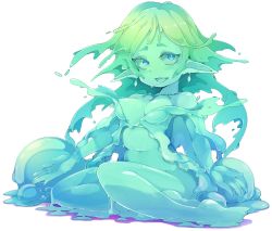 Rule 34 | 1girl, blue eyes, bottomless, breasts, colored skin, female focus, frfr, green skin, highres, monster girl, navel, open mouth, original, pointy ears, sitting, slime girl, solo, transparent background