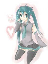 Rule 34 | 1girl, aqua eyes, aqua hair, artist request, bad id, bad pixiv id, character name, detached sleeves, grey shirt, happy, hatsune miku, heart, long hair, looking at viewer, necktie, non-web source, open mouth, shirt, skirt, sleeveless, sleeveless shirt, smile, source request, twintails, very long hair, vocaloid