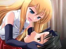 Rule 34 | 1boy, 1girl, blonde hair, blue eyes, elbow gloves, holding head, long hair, open mouth, saliva, saliva trail, tongue, tongue out