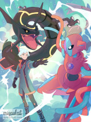 Rule 34 | 1boy, alternate color, black gloves, blue hair, boots, claws, closed mouth, coat, creatures (company), deoxys, deoxys (normal), game freak, gen 3 pokemon, gloves, green eyes, highres, holding, holding poke ball, legendary pokemon, male focus, miyaulait, mythical pokemon, nintendo, official alternate costume, outstretched arm, poke ball, poke ball (basic), pokemon, pokemon (creature), pokemon masters ex, rayquaza, shiny pokemon, shirt, short hair, signature, smile, standing, steven stone, steven stone (sygna suit), watermark, web address