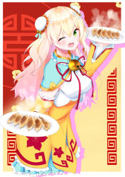 Rule 34 | 1girl, absurdres, bell, blonde hair, blue capelet, blush, breasts, capelet, commentary, cowboy shot, detached sleeves, double bun, dress, dumpling, fang, floral print, flower, food, gradient hair, green eyes, hair between eyes, hair bun, hair flower, hair ornament, highres, holding, holding plate, hololive, jiaozi, lolita fashion, long hair, looking at viewer, medium breasts, momosuzu nene, multicolored hair, one eye closed, open mouth, patterned background, pink hair, plate, qi lolita, red background, shirt, smile, solo, steam, two-tone background, two-tone hair, virtual youtuber, white shirt, yellow background, yellow dress, yutia