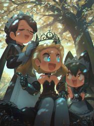 Rule 34 | 3girls, :d, absurdres, animal ears, apron, black hair, blonde hair, blue eyes, brown hair, cat ears, cat tail, choker, circlet, closed eyes, cressey (porforever), dress, earrings, fantasy, forest, freckles, gauntlets, gloves, green hair, highres, jewelry, looking at another, maid, maid apron, maid headdress, monocle, multiple girls, nature, open mouth, original, outdoors, porforever, short hair, sitting, smile, tail, tree, twintails, white gloves, yellow eyes