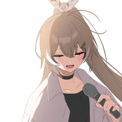Rule 34 | 1girl, absurdres, ahoge, alternate costume, black choker, black shirt, brown hair, casual, choker, closed eyes, crossed bangs, double-parted bangs, feather hair ornament, feathers, fingernails, hair ornament, hairclip, highres, holding, holding microphone, hololive, hololive english, jacket, long hair, microphone, multicolored hair, music, nanashi mumei, ponytail, shirt, singing, streaked hair, teeth, upper teeth only, very long hair, virtual youtuber, white jacket, xx tk9