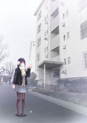 Rule 34 | 1girl, apartment, bad id, bad pixiv id, bare tree, black footwear, black hair, black pantyhose, blazer, blush, breath, building, chikuwa (odennabe), day, earmuffs, fringe trim, grey skirt, hand up, jacket, loafers, long hair, mittens, open clothes, open jacket, original, outdoors, pantyhose, pigeon-toed, pleated skirt, road, scarf, school uniform, shoes, skirt, snow, solo, standing, street, tree, vest, white scarf, winter