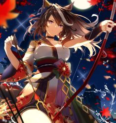 Rule 34 | 1girl, animal ears, arrow (projectile), asymmetrical clothes, black choker, blurry, blurry foreground, bow (weapon), bracer, breasts, brown hair, choker, closed mouth, clothing cutout, commentary, cowboy shot, diffraction spikes, falling leaves, fukuda935, hair between eyes, hair ornament, holding, holding arrow, holding bow (weapon), holding weapon, horse ears, horse girl, japanese clothes, kimono, late autumn the music echoes (umamusume), leaf, leaf print, long hair, looking at viewer, medium breasts, moon, mountain, multicolored hair, night, night sky, obi, obiage, obijime, outdoors, ponytail, purple eyes, romaji commentary, rope, sarashi, sash, shoulder cutout, sky, smile, solo, streaked hair, symboli rudolf (archer of the white moon) (umamusume), symboli rudolf (umamusume), two-tone hair, umamusume, water, water drop, weapon, white hair, white kimono, wind