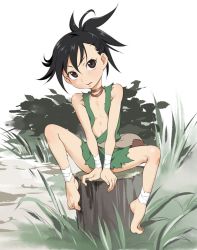Rule 34 | 1girl, barefoot, black hair, brown eyes, dororo (character), dororo (tezuka), feet, female focus, flat chest, funnyari, outdoors, parted lips, ponytail, sitting, sleeveless, solo, toes, tomboy, torn clothes, tree stump, v arms