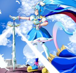 Rule 34 | 1girl, absurdres, ahoge, blue dress, blue eyes, blue footwear, blue hair, blue sky, blurry, blurry foreground, cape, closed mouth, cloud, commentary, cure sky, cut bangs, depth of field, detached sleeves, dress, feathers, fingerless gloves, from side, gloves, hand on own hip, highres, hirogaru sky! precure, holding, holding sword, holding weapon, jewelry, light rays, long hair, looking to the side, magical girl, medium dress, multicolored hair, pink hair, precure, puffy detached sleeves, puffy sleeves, shadow, shoes, sind ngmhn28, single sidelock, sky, sleeveless, sleeveless dress, smile, solo, sora harewataru, standing, streaked hair, sword, thighhighs, twintails, two-sided cape, two-sided fabric, very long hair, weapon, white gloves, white thighhighs, wind