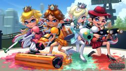 Rule 34 | 4girls, black hair, blonde hair, blue eyes, brown hair, company connection, donkey kong (series), earrings, eyeshadow, fangs, hair over one eye, hat, ink, inkling, inkling player character, jewelry, looking at viewer, makeup, mario (series), multicolored hair, multiple girls, nail polish, nintendo, octoling, octoling player character, open mouth, pauline (mario), princess daisy, princess peach, rosalina, smile, splat charger (splatoon), splat dualies (splatoon), splat roller (splatoon), splatoon (series), standing, suction cups, super mario galaxy, super mario odyssey, super smash bros., tentacle hair, theskywaker, two-tone hair, weapon