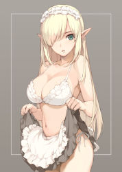 Rule 34 | 1girl, apron, aqua eyes, blonde hair, bra, breasts, cleavage, clothes lift, commentary request, cowboy shot, elf, female focus, frill trim, frills, hair over one eye, hairband, large breasts, lifting own clothes, lingerie, lolita hairband, looking at viewer, maid, maid headdress, morisawa haruyuki, navel, original, panties, parted lips, pointy ears, side-tie panties, side-tie peek, sidelocks, simple background, skirt, skirt lift, solo, underwear, waist apron, white bra