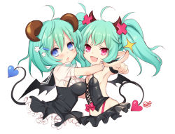 Rule 34 | 2girls, bad id, bad pixiv id, black dress, black skirt, black wings, blue eyes, blush, breasts, byulzzi, character request, demon girl, demon tail, demon wings, dress, fang, green hair, heart, highres, horns, hug, long hair, multiple girls, open mouth, pink hair, puffy sleeves, short hair, short sleeves, skirt, small breasts, smile, tail, twintails, unleashed, white background, wings