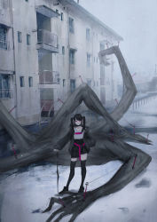 Rule 34 | 1girl, 1other, absurdres, black hair, bound, building, cr iws t 72, expressionless, highres, jacket, lip piercing, monster, original, overcast, piercing, pink eyes, shirt tucked in, shoes, skirt, sky, sneakers, snow, thighhighs, twintails, weapon