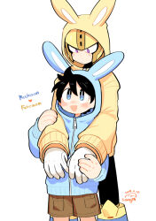 Rule 34 | 2boys, android, animal ear hood, animal ears, armor, behind another, black bodysuit, black hair, blue eyes, blue hoodie, blush, bodysuit, brown shorts, character name, commentary request, fake animal ears, feet out of frame, fuse man, gloves, heart, helmet, hood, hoodie, joints, looking at another, male focus, mega man (character), mega man (classic), mega man (series), mega man 11, multiple boys, on shoulder, open mouth, purple eyes, rabbit ears, robot, robot joints, short hair, shorts, simple background, smile, solo, solo focus, standing, wenyu, white background, white gloves, yellow armor, yellow headwear, yellow hoodie, zipped, zipped hoodie, zipper