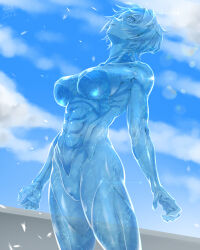 Rule 34 | 1girl, abs, absurdres, arms at sides, breasts, commission, crack, crystal, fingernails, highres, large breasts, leotard, looking up, muscular, muscular female, original, petrification, see-through, sharp fingernails, shin (ultramarine430), short hair, signature, skeb commission, solo, thighhighs, very short hair