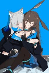Rule 34 | 2girls, absurdres, amiya (arknights), animal ear fluff, animal ears, anklet, arknights, arm around waist, bare shoulders, bed sheet, bite mark, bite mark on chest, bite mark on shoulder, black footwear, black gloves, black hood, black jacket, blue anklet, blue background, blue bracelet, blue choker, blue skirt, blush, bracelet, brown hair, brown pantyhose, cat ears, cat girl, chinese commentary, choker, closed eyes, collarbone, colored eyelashes, commentary request, covered mouth, double-parted bangs, facing another, facing viewer, fingerless gloves, flat chest, flustered, foot out of frame, from side, gloves, grey hair, hair between eyes, hair flowing over, hair spread out, hand on another&#039;s chest, head tilt, heads together, highres, holding hands, hood, hood down, hooded jacket, hug, hug from behind, indoors, infection monitor (arknights), jacket, jewelry, knee up, laowei, long hair, long sleeves, material growth, miniskirt, multiple girls, multiple rings, nose blush, off shoulder, on bed, open clothes, open jacket, oripathy lesion (arknights), pantyhose, parted lips, plaid, plaid skirt, pleated skirt, ponytail, puffy long sleeves, puffy sleeves, rabbit ears, rabbit girl, resting, ring, rosmontis (arknights), shadow, shoes, sidelocks, simple background, sitting, sketch, skirt, straight hair, sweat, thighlet, thighs, upper body, variant set, very long hair, yuri