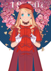 Rule 34 | 1girl, asymmetrical bangs, blonde hair, blue background, blue eyes, choker, commentary, curly hair, dated, dress, earrings, emmmerald, eyelashes, flower, fullmetal alchemist, gloves, happy, hat, jewelry, long hair, petals, pink flower, red dress, ribbon, rose, smile, solo, standing, two-tone background, upper body, white background, winry rockbell