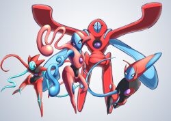 Rule 34 | absurdres, alternate form, artist request, creatures (company), deoxys, deoxys (attack), deoxys (defense), deoxys (normal), deoxys (speed), expressionless, floating, flying, full body, game freak, gen 3 pokemon, highres, levitation, looking at viewer, mythical pokemon, nintendo, no humans, no mouth, pokemon, pokemon (creature), simple background, tentacles