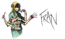 Rule 34 | 1girl, blonde hair, blood, blood on clothes, bolt, crossed arms, darkness127, dual wielding, extra arms, franken fran, glasgow smile, gloves, hand on own hip, holding, latex, latex gloves, long hair, madaraki fran, mask, unworn mask, mesical scrubs, mouth mask, red eyes, ringed eyes, scalpel, solo, stitches, surgeon, surgical mask, white gloves