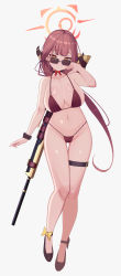 Rule 34 | 1girl, absurdres, adjusting eyewear, adjusting glasses, aru (blue archive), bare arms, bare legs, bare shoulders, bikini, black choker, black footwear, blue archive, bow, breasts, choker, footwear bow, full body, gluteal fold, gun, h&amp;k psg1, halo, highres, horns, large breasts, light smile, long hair, looking at viewer, looking over eyewear, looking over glasses, micro bikini, navel, o-ring, o-ring bikini, red bikini, red bow, red hair, rifle, rose neru, shoes, simple background, slit pupils, sniper rifle, solo, standing, sunglasses, swimsuit, thigh gap, tinted eyewear, weapon, white background, wrist cuffs, yellow bow, yellow eyes