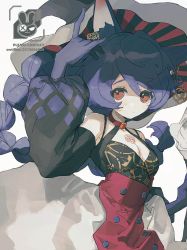 Rule 34 | 1girl, animal ears, arm up, bare shoulders, black hat, blue gloves, blue hair, braid, breasts, cat ears, cleavage, collar, commentary request, dress, flower, gloves, hat, highres, long hair, long sleeves, looking at viewer, original, orniflop, puffy long sleeves, puffy sleeves, red collar, red eyes, rose, single braid, solo, spaghetti strap, witch hat