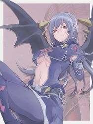 Rule 34 | 1girl, bat wings, belt, black collar, boots, border, bracelet, breasts, brown background, capelet, center opening, cleavage, collar, commentary request, cowboy shot, cross, cross-laced clothes, cross-laced footwear, crossed legs, dress, drop shadow, duel monster, ear piercing, elbow gloves, floating, from below, gloves, grey hair, hair between eyes, highres, jewelry, knee boots, light smile, long hair, looking at viewer, mansion, medium breasts, navel, open clothes, open dress, pantyhose, photo background, piercing, pink eyes, pointing, pointy ears, purple capelet, purple dress, purple footwear, purple gloves, purple pantyhose, sidelocks, tsumayouji (dekosoko), vampire vamp, white border, wings, yu-gi-oh!
