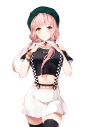 Rule 34 | 1girl, artist name, bad id, bad pixiv id, beret, black shirt, black thighhighs, blush, bracelet, breasts, cowboy shot, crop top, emyo, hands up, hat, jewelry, long hair, looking at viewer, low twintails, medium breasts, navel, off shoulder, original, parted lips, pink eyes, pink hair, shirt, signature, simple background, skirt, smile, solo, suspender skirt, suspenders, thighhighs, twintails, white background, white skirt, zettai ryouiki