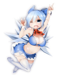 Rule 34 | 1girl, ;d, alternate breast size, armpits, bare arms, bare shoulders, belly, blue eyes, blue hair, blush, bow, bowtie, bra, breasts, cirno, detached collar, fang, hair bow, highres, ice, ice wings, large bow, matching hair/eyes, navel, aged up, one eye closed, open mouth, pointing, pointing up, short hair, skirt, smile, solo, stomach, takimoto yukari, thighhighs, touhou, underwear, wings, wrist cuffs