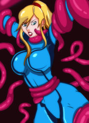 Rule 34 | 1girl, absurdres, angry, bdsm, blonde hair, blue eyes, bodysuit, bondage, bound, breasts, forced, highres, large breasts, metroid, nintendo, ponytail, samus aran, shiny skin, solo, spread legs, tentacle pit, tentacles, zero suit