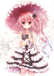 Rule 34 | 10s, 1girl, alternate hairstyle, asymmetrical hair, bare shoulders, black flower, black rose, blue hair, blush, bow, closed mouth, collarbone, cowboy shot, dress, eyebrows, flower, frilled dress, frills, gradient hair, hair flower, hair ornament, hair ribbon, harusame (kancolle), holding, holding umbrella, kantai collection, layered dress, long hair, looking at viewer, multicolored hair, nogi takayoshi, pink eyes, pink hair, pink umbrella, ribbon, rose, sleeveless, sleeveless dress, solo, standing, umbrella, very long hair, white bow, white dress, white ribbon