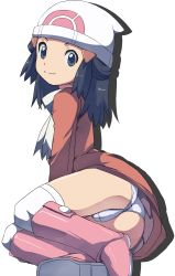 Rule 34 | 00s, 1girl, alternate costume, ass, boots, cleft of venus, creatures (company), dawn (pokemon), female focus, game freak, hat, highres, looking at viewer, lying, makoto daikichi, nintendo, on side, panties, pokemon, pokemon dppt, scarf, solo, underwear, upskirt, white background, winter clothes
