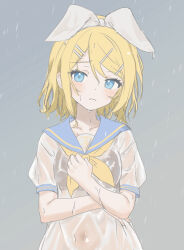 Rule 34 | 1girl, black bra, blonde hair, blue eyes, blue sailor collar, blush, bow, bra, collarbone, commentary request, covered navel, crossed arms, frown, grey background, hair bow, hair ornament, hairclip, hand on own chest, highres, kagamine rin, looking at viewer, neckerchief, rain, sailor collar, school uniform, see-through, see-through shirt, serafuku, shirt, short hair, short sleeves, simple background, solo, treble clef, underwear, upper body, vocaloid, water drop, wet, wet clothes, white bow, yellow neckerchief, yukihane (snowowl515)