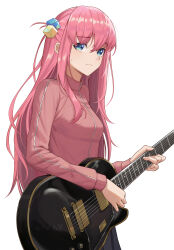 Rule 34 | 1girl, absurdres, blue eyes, bocchi the rock!, breasts, closed mouth, commentary request, cowboy shot, cube hair ornament, darkhawkayin, electric guitar, facing viewer, gibson les paul, gotoh hitori, guitar, hair between eyes, hair ornament, highres, holding, holding instrument, instrument, jacket, long hair, long sleeves, looking ahead, music, one side up, pink hair, pink jacket, playing instrument, simple background, small breasts, solo, standing, sweatdrop, track jacket, white background