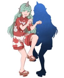 Rule 34 | 1girl, buttons, cloud print, curly hair, different reflection, geta, green eyes, green hair, highres, horns, kariyushi shirt, komano aunn, looking at viewer, mefomefo, open mouth, paw pose, red shirt, reflection, shirt, shorts, single horn, smile, solo, touhou, white shorts