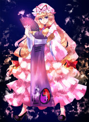 Rule 34 | 1girl, black background, black footwear, blonde hair, bow, breasts, dress, frilled dress, frills, full body, hair bow, hand fan, hat, holding, holding fan, juliet sleeves, large breasts, long hair, long sleeves, looking at viewer, medium breasts, mob cap, nagare, open mouth, puffy sleeves, red bow, sidelocks, simple background, solo, standing, tabard, touhou, white dress, white hat, wide sleeves, yakumo yukari