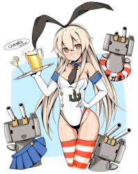 Rule 34 | 10s, 1girl, adapted costume, alcohol, animal ears, beer, beer mug, blonde hair, cup, detached collar, elbow gloves, fake animal ears, glass, gloves, hairband, highleg, kantai collection, leotard, lifebuoy, long hair, mug, necktie, nekonyan (nekoworld), personification, playboy bunny, rabbit ears, rensouhou-chan, shimakaze (kancolle), skirt, striped clothes, striped thighhighs, swim ring, thigh gap, thighhighs, tray, unworn skirt, yellow eyes