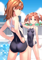 Rule 34 | 2girls, :3, ass, bare arms, bare shoulders, black one-piece swimsuit, blue sky, blurry, blurry background, blush, bow, breasts, brown hair, closed mouth, cloud, collarbone, commentary request, day, depth of field, hair bow, hand up, hands on own hips, matching hair/eyes, misaka mikoto, multiple girls, one-piece swimsuit, outdoors, parted bangs, raika9, red eyes, school swimsuit, shirai kuroko, sky, small breasts, standing, swimsuit, toaru kagaku no railgun, toaru majutsu no index, tokiwadai school swimsuit, twintails, water, white bow