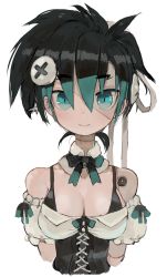 Rule 34 | 1girl, bibi-chan (ebimomo), black bow, black bowtie, black bra, black hair, blue eyes, blue hair, bow, bowtie, bra, breasts, closed mouth, detached sleeves, ebimomo, highres, looking at viewer, medium breasts, multicolored hair, object through head, original, patchwork skin, puffy detached sleeves, puffy short sleeves, puffy sleeves, screw in head, short hair, short sleeves, simple background, smile, solo, stitched face, stitched neck, stitches, two-tone hair, underwear, upper body, white background