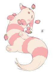 Rule 34 | absurdres, alternate color, animal focus, berry, berry (pokemon), closed eyes, commentary request, creatures (company), ferret, food, food on body, from above, furret, game freak, gen 2 pokemon, hideko (l33l3b), highres, lying, nintendo, no humans, on back, open mouth, pecha berry, pokemon, pokemon (creature), shiny pokemon, signature, simple background, sleeping, sleeping animal, white background