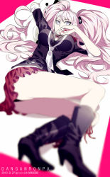 Rule 34 | 1girl, 2013, arm up, black footwear, blurry, blurry background, boots, breasts, choker, copyright name, danganronpa: trigger happy havoc, danganronpa (series), dated, enoshima junko, floating hair, grey eyes, hair ornament, high heel boots, high heels, long hair, looking at viewer, lying, medium breasts, miniskirt, monokuma, necktie, on side, pleated skirt, red ribbon, red skirt, rena (renasight), ribbon, silver hair, skirt, sleeves rolled up, solo, spoilers, twintails, very long hair, white necktie