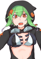 Rule 34 | 1girl, bikini, bikini top only, black bikini, black jacket, breasts, cleavage, commentary request, digimon, digimon world re:digitize, disembodied limb, goggles, goggles around neck, grabbing, grabbing another&#039;s breast, grabbing from behind, green hair, groping, hair between eyes, hair ornament, highres, hood, hood up, hooded jacket, jacket, looking at viewer, medium breasts, meribe, open mouth, orange eyes, partially unzipped, shinomiya rina, short hair, short hair with long locks, sidelocks, simple background, solo focus, stomach, sweat, swimsuit, teeth, two-tone bikini, upper teeth only, white background, white bikini, x hair ornament