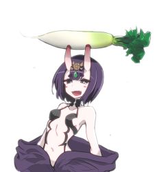 Rule 34 | 1girl, bare shoulders, blush, bob cut, commentary request, fang, fate/grand order, fate (series), headpiece, horns, not on shana, oni, open mouth, purple eyes, purple hair, radish, revealing clothes, short eyebrows, shuten douji (fate), simple background, skin-covered horns, solo, thick eyebrows, white background