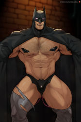 Rule 34 | 1boy, abs, armpit hair, bara, batman, batman (series), black cape, black male underwear, bodysuit, bruce wayne, bulge, cape, chest hair, covered erect nipples, dc comics, drooling, hypnosis, jimsdaydreams, large pectorals, leg hair, looking at viewer, male focus, male underwear, mask, mind control, muscular, muscular male, navel, navel hair, open mouth, patreon username, pectorals, saliva, sex toy, solo, thick thighs, thighs, thong, torn bodysuit, torn clothes, underwear, vibrator, vibrator under clothes