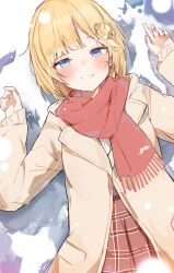 Rule 34 | 1girl, blonde hair, blue eyes, blush, bob cut, brown coat, brown skirt, coat, earrings, gear hair ornament, hands up, highres, hololive, hololive english, jewelry, looking at viewer, lying, mustache print, on back, orobou, plaid, plaid skirt, red scarf, scarf, short hair, skirt, smile, snow, solo, stud earrings, virtual youtuber, watson amelia, winter clothes