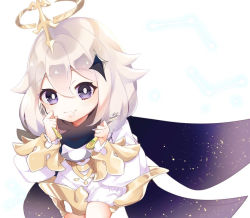 Rule 34 | 1girl, bad id, bad pixiv id, blue eyes, cape, dress, genshin impact, halo, looking at viewer, paimon (genshin impact), scarf, short hair, toatin54, white background, white dress, white hair