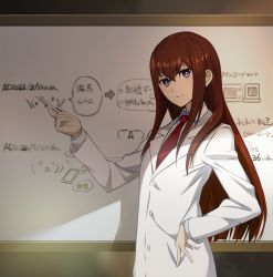 Rule 34 | 1girl, brown hair, flat chest, hand on own hip, holding, holding pen, lab coat, long hair, looking at viewer, makise kurisu, necktie, nyoro (nyoronyoro000), pen, purple eyes, smile, solo, steins;gate, translation request, whiteboard