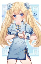 Rule 34 | 1girl, alternate costume, bandaid, bandaid on cheek, bandaid on face, blonde hair, blue dress, blue eyes, blush, breasts, china dress, chinese clothes, dress, eating, fang, goddess of victory: nikke, highres, laplace (nikke), long hair, looking at viewer, palm-fist greeting, shimada (smd dms), small breasts, solo, twintails