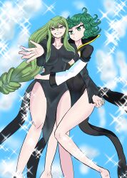 Rule 34 | 2girls, black dress, breasts, curly hair, dress, eden&#039;s zero, green eyes, green hair, large breasts, long hair, long sleeves, multiple girls, no panties, one-punch man, quad braids, revealing clothes, short hair, sideboob, sky, smile, sorambk, striped clothes, striped dress, tatsumaki, thighs, tight clothes, witch (eden&#039;s zero)