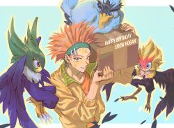 Rule 34 | 1boy, alternate costume, bird, black feathers, blackwing blizzard the far north, blackwing gale the whirlwind, blackwing kalut the moon shadow, blue eyes, carrying over shoulder, casual, crow hogan, duel monster, facial mark, feathers, flying, happy birthday, headband, looking at viewer, male focus, nobou (32306136), orange hair, smile, spiked hair, upper body, yu-gi-oh!