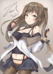 Rule 34 | 1girl, asymmetrical gloves, black panties, black skirt, blush, breasts, brown eyes, brown hair, brown pantyhose, cleavage, closed mouth, cowboy shot, dated, girls&#039; frontline, gloves, k2 (girls&#039; frontline), long hair, looking at viewer, mismatched gloves, panties, pantyhose, showgirl skirt, signature, skirt, solo, standing, stomach, underwear, unel1211
