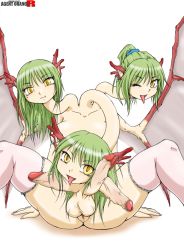 Rule 34 | 1futa, agent orange, arm support, artist name, censored, collarbone, conjoined, dragon girl, earrings, extra penises, futanari, godzilla (series), green hair, jewelry, king ghidorah, long hair, long neck, looking at viewer, mole, mole under eye, mosaic censoring, mrchamon, multi head, multiple heads, nude, one eye closed, partially censored, penis, ponytail, simple background, single earring, solo, spread legs, testicles, thighhighs, tongue, tongue out, what, white background, wings, wink, yellow eyes