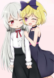 Rule 34 | 10s, 2girls, ;d, ;o, bare arms, bare shoulders, black choker, black skirt, blonde hair, blush, bow, center frills, choker, collarbone, commentary request, dress, elly (tonari no kyuuketsuki-san), erie, fang, frills, grey hair, hair between eyes, hair bow, hair ornament, highres, jiu (sdesd3205), long hair, long sleeves, multiple girls, neck ribbon, one eye closed, open mouth, pink background, purple bow, purple dress, purple eyes, red eyes, red ribbon, ribbon, shirt, short hair, simple background, skirt, sleeveless, sleeveless dress, sleeves past wrists, smile, sophie twilight, tonari no kyuuketsuki-san, very long hair, white shirt